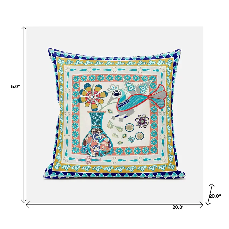 20" X 20" Blue and Gold Peacock Broadcloth Floral Zippered Pillow