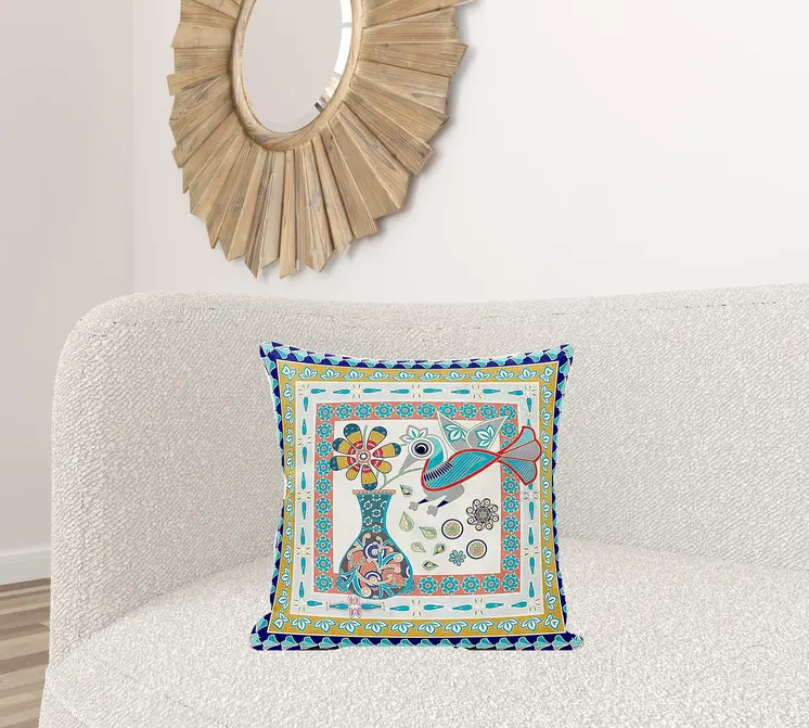 20" X 20" Blue and Gold Peacock Broadcloth Floral Zippered Pillow
