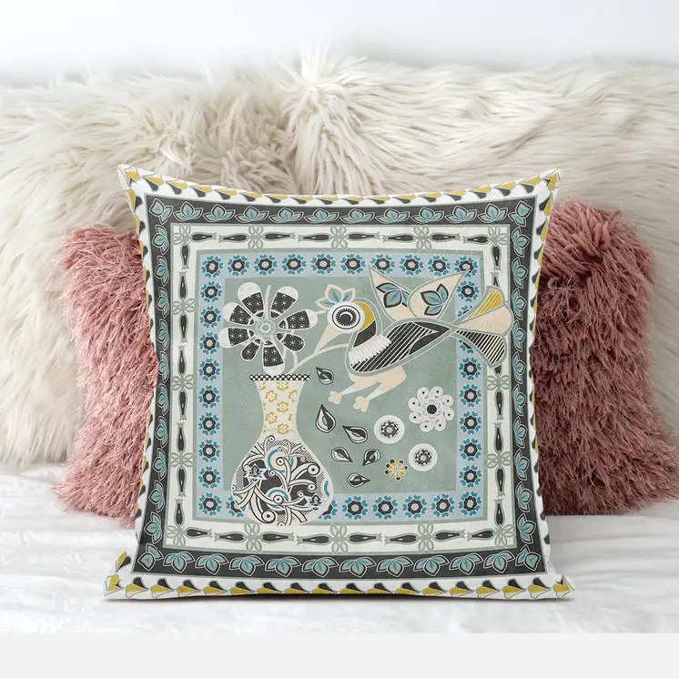 16" X 16" Green and Black Peacock Broadcloth Floral Zippered Pillow