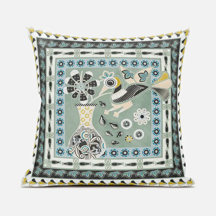 16" X 16" Green and Black Peacock Broadcloth Floral Zippered Pillow