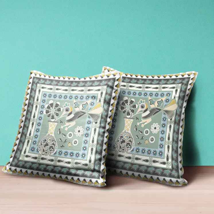 16" X 16" Green and Black Peacock Broadcloth Floral Zippered Pillow