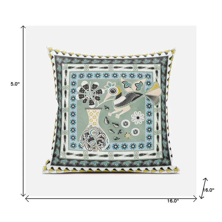 16" X 16" Green and Black Peacock Broadcloth Floral Zippered Pillow