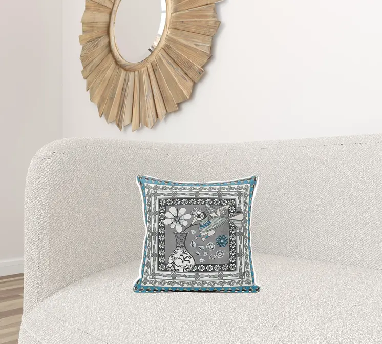 16" X 16" Black Gray and White Peacock Broadcloth Floral Zippered Pillow