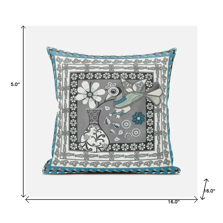 16" X 16" Black Gray and White Peacock Broadcloth Floral Zippered Pillow