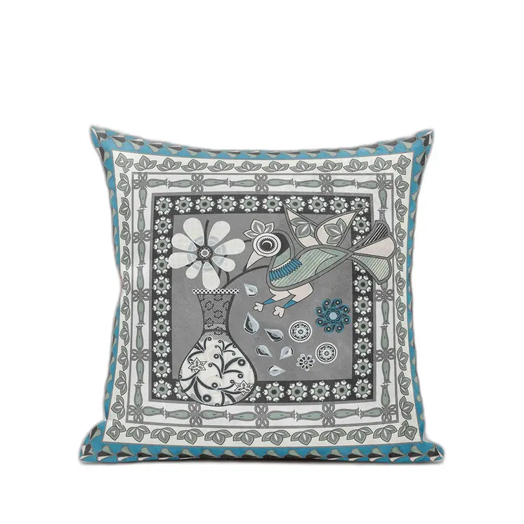 16" X 16" Black Gray and White Peacock Broadcloth Floral Zippered Pillow