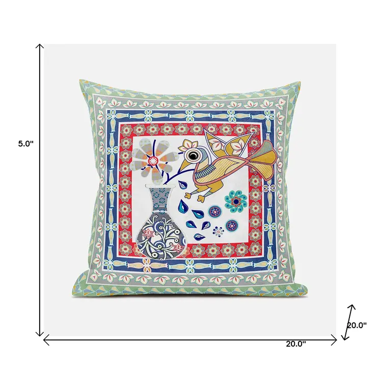 20" X 20" Red White and Blue Peacock Broadcloth Floral Zippered Pillow