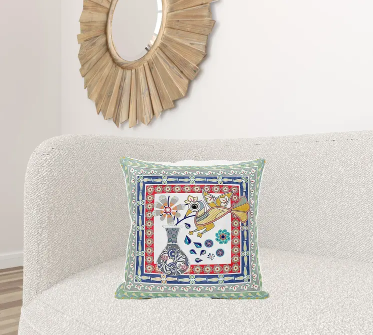 20" X 20" Red White and Blue Peacock Broadcloth Floral Zippered Pillow