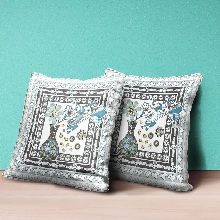 18" X 18" Black and White Peacock Broadcloth Floral Zippered Pillow