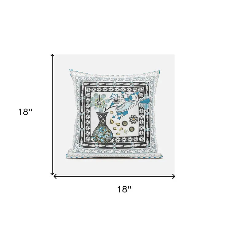18" X 18" Black and White Peacock Broadcloth Floral Zippered Pillow