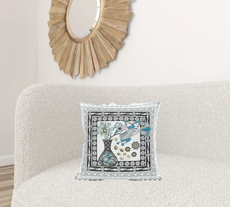 18" X 18" Black and White Peacock Broadcloth Floral Zippered Pillow