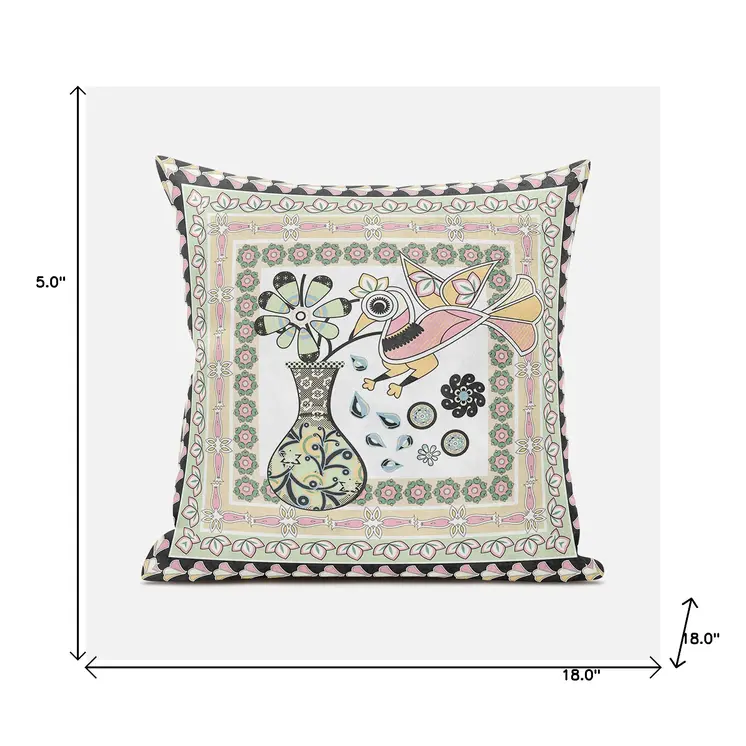 18" X 18" Pink and White Peacock Broadcloth Floral Zippered Pillow
