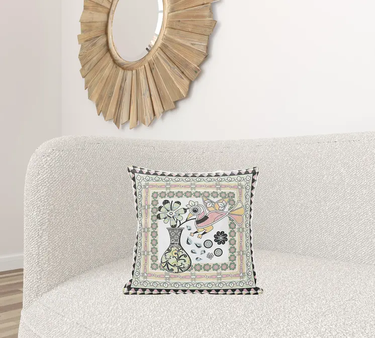 18" X 18" Pink and White Peacock Broadcloth Floral Zippered Pillow