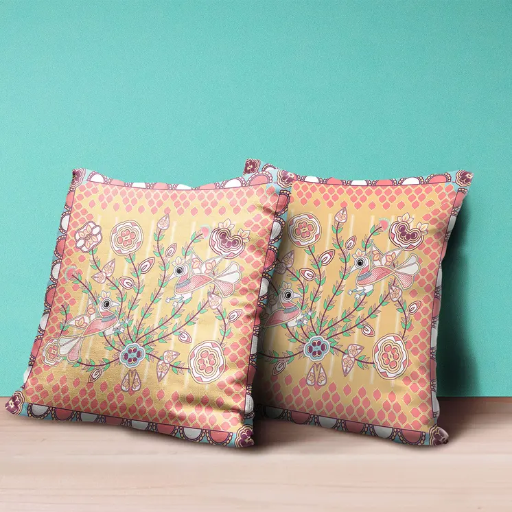 20" X 20" Yellow and Peach Peacock Broadcloth Floral Zippered Pillow