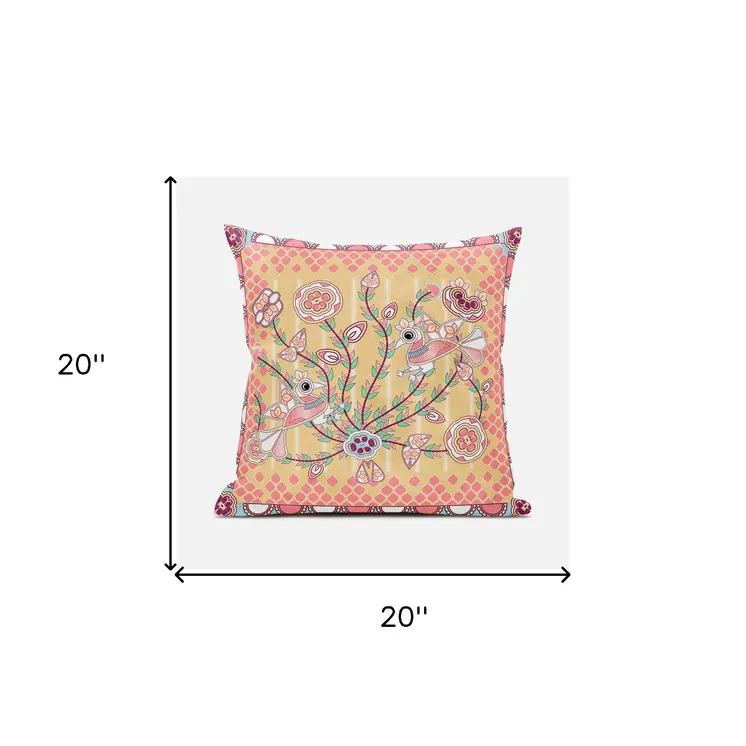 20" X 20" Yellow and Peach Peacock Broadcloth Floral Zippered Pillow