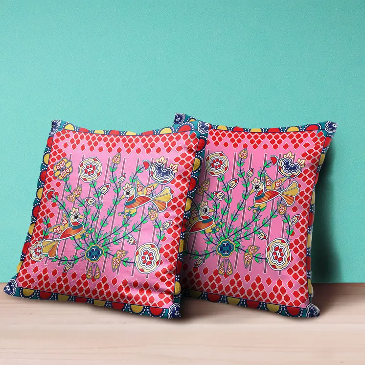16" X 16" Red and Pink Peacock Broadcloth Floral Zippered Pillow