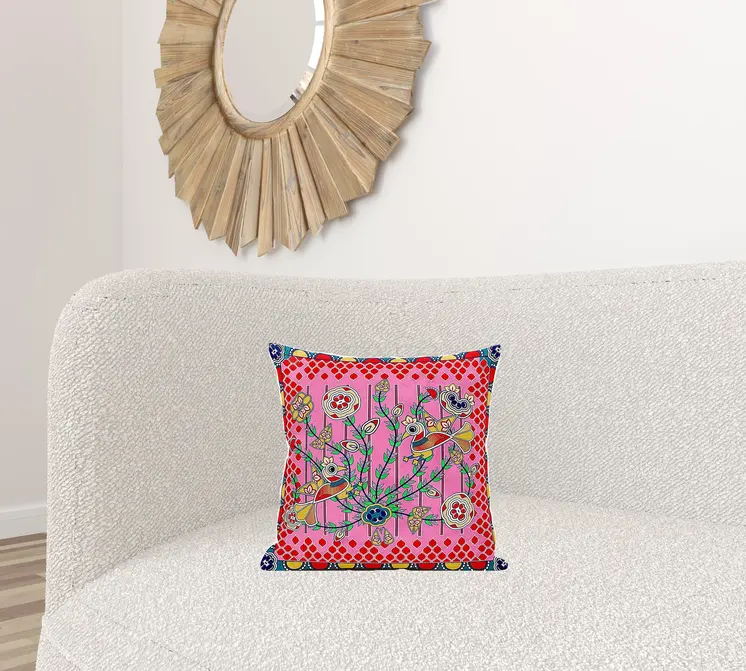 16" X 16" Red and Pink Peacock Broadcloth Floral Zippered Pillow