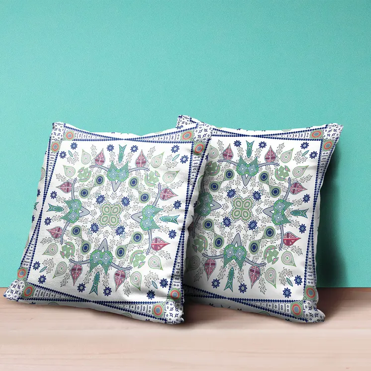 20" X 20" Blue and White Broadcloth Paisley Zippered Pillow