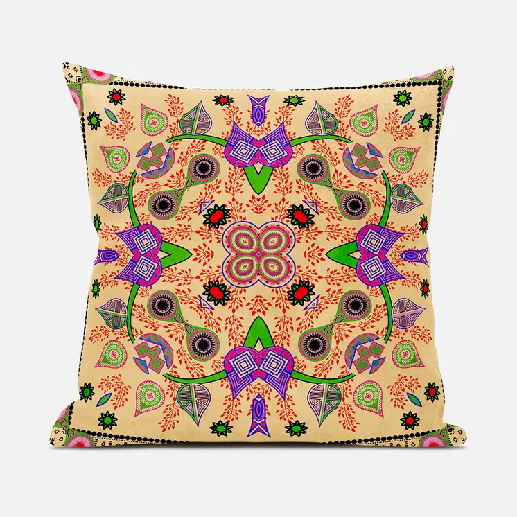 16" X 16" Beige and Green Broadcloth Paisley Zippered Pillow