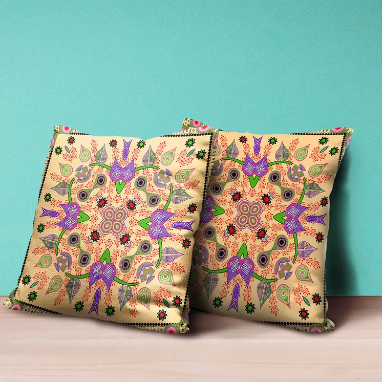 16" X 16" Beige and Green Broadcloth Paisley Zippered Pillow