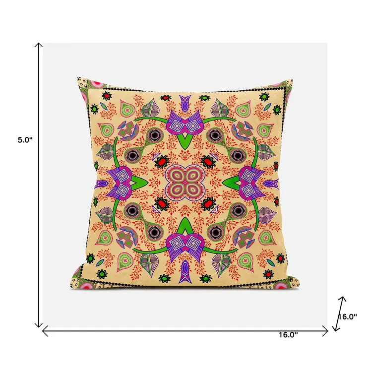 16" X 16" Beige and Green Broadcloth Paisley Zippered Pillow