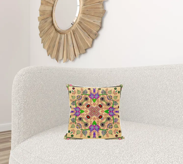 16" X 16" Beige and Green Broadcloth Paisley Zippered Pillow