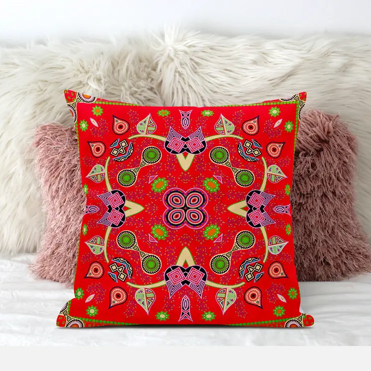 16" X 16" Green and Red Broadcloth Paisley Zippered Pillow