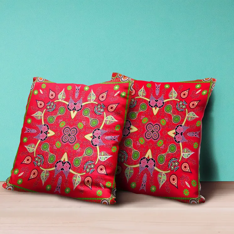 16" X 16" Green and Red Broadcloth Paisley Zippered Pillow