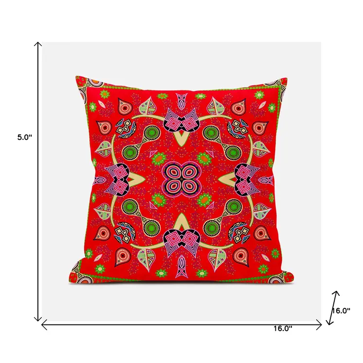 16" X 16" Green and Red Broadcloth Paisley Zippered Pillow