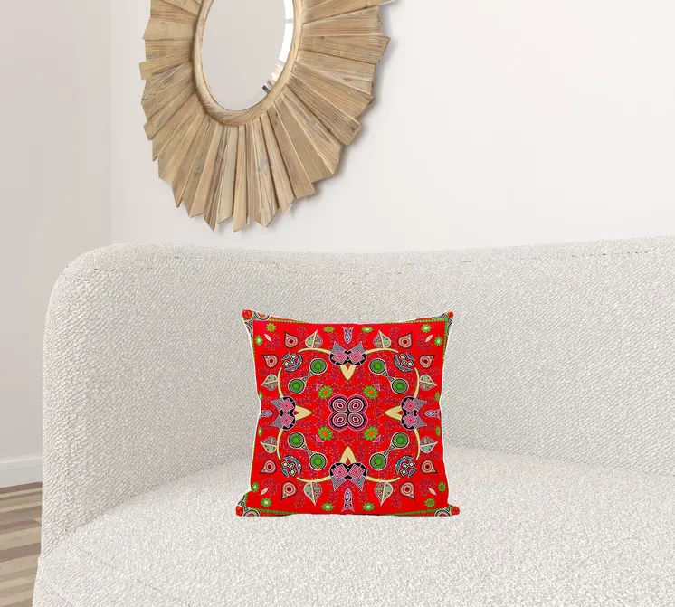 16" X 16" Green and Red Broadcloth Paisley Zippered Pillow