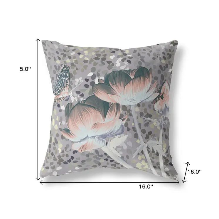 16" x 16" Pink Butterfly Blown Seam Floral Indoor Outdoor Throw Pillow