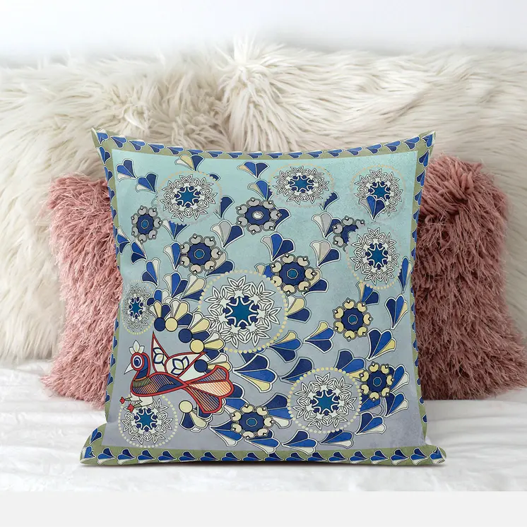 16" x 16" Aqua Peacock Blown Seam Floral Indoor Outdoor Throw Pillow