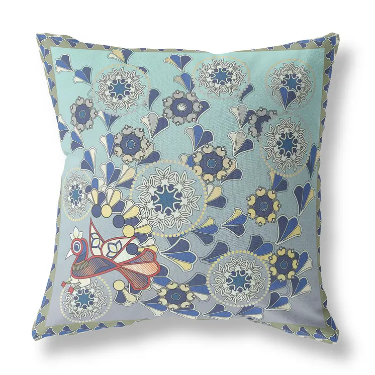 16" x 16" Aqua Peacock Blown Seam Floral Indoor Outdoor Throw Pillow
