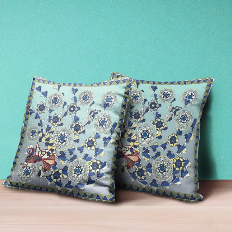 16" x 16" Aqua Peacock Blown Seam Floral Indoor Outdoor Throw Pillow