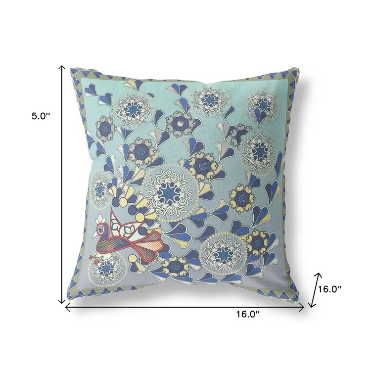 16" x 16" Aqua Peacock Blown Seam Floral Indoor Outdoor Throw Pillow