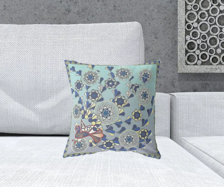 16" x 16" Aqua Peacock Blown Seam Floral Indoor Outdoor Throw Pillow