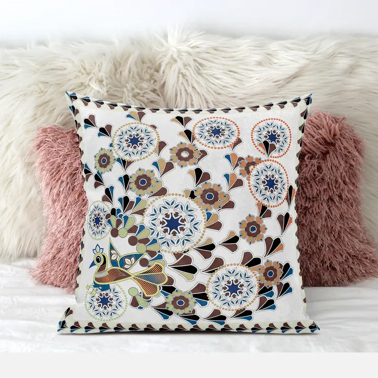 28" x 28" Off White Peacock Blown Seam Floral Indoor Outdoor Throw Pillow