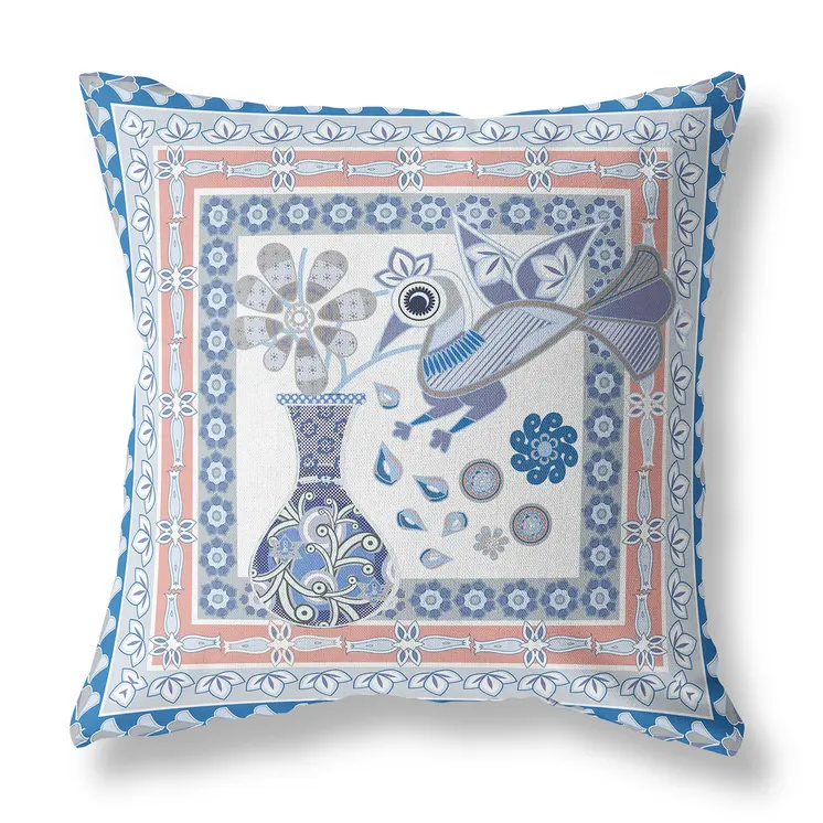 20" x 20" Blue and Gray Peacock Blown Seam Floral Indoor Outdoor Throw Pillow