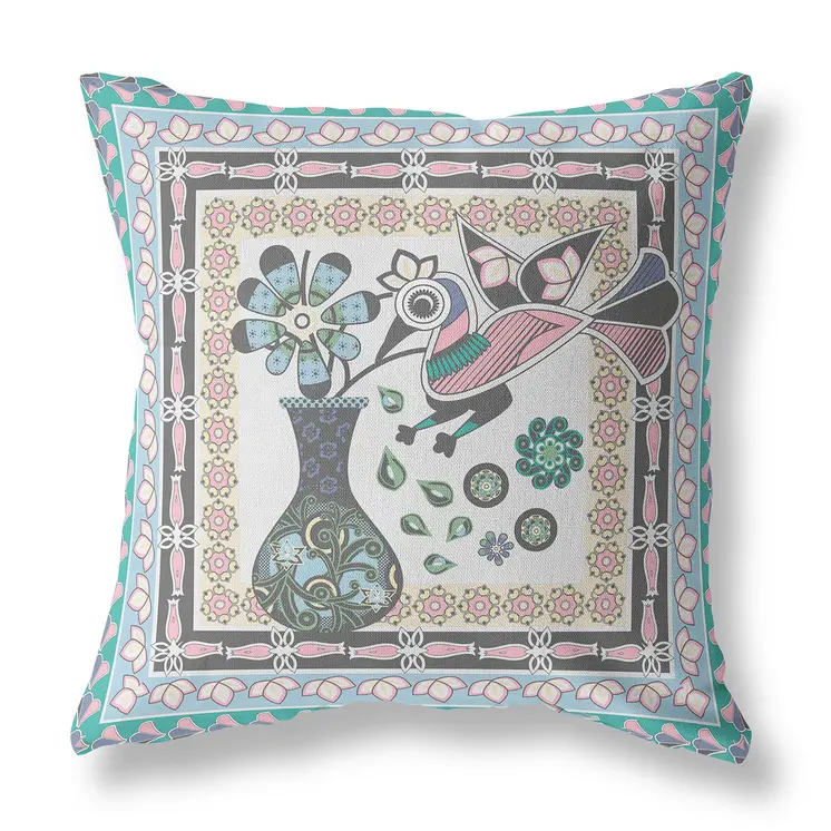 18" x 18" Gray Peacock Blown Seam Floral Indoor Outdoor Throw Pillow