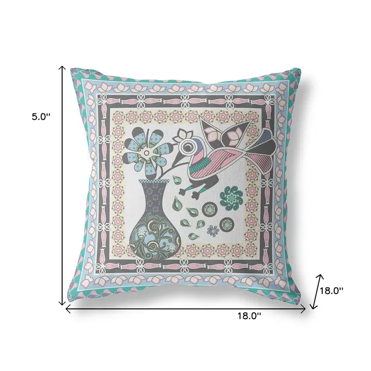 18" x 18" Gray Peacock Blown Seam Floral Indoor Outdoor Throw Pillow