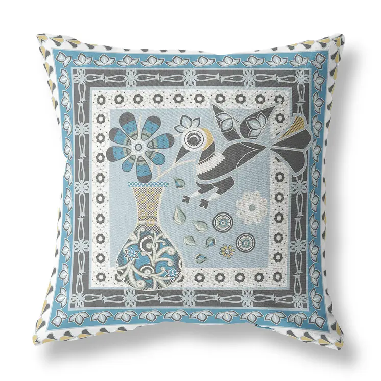 16" x 16" Blue and White Peacock Blown Seam Floral Indoor Outdoor Throw Pillow
