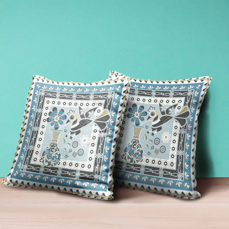 16" x 16" Blue and White Peacock Blown Seam Floral Indoor Outdoor Throw Pillow