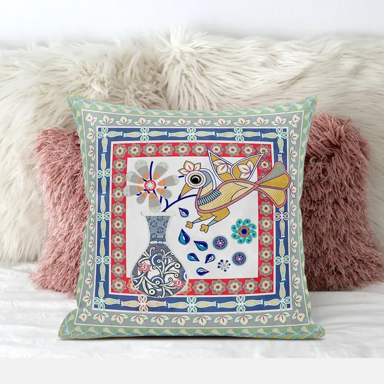 28" x 28" Red Bird Blown Seam Floral Indoor Outdoor Throw Pillow