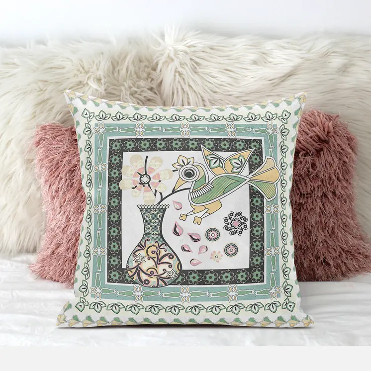 28" x 28" Green and White Bird Blown Seam Floral Indoor Outdoor Throw Pillow