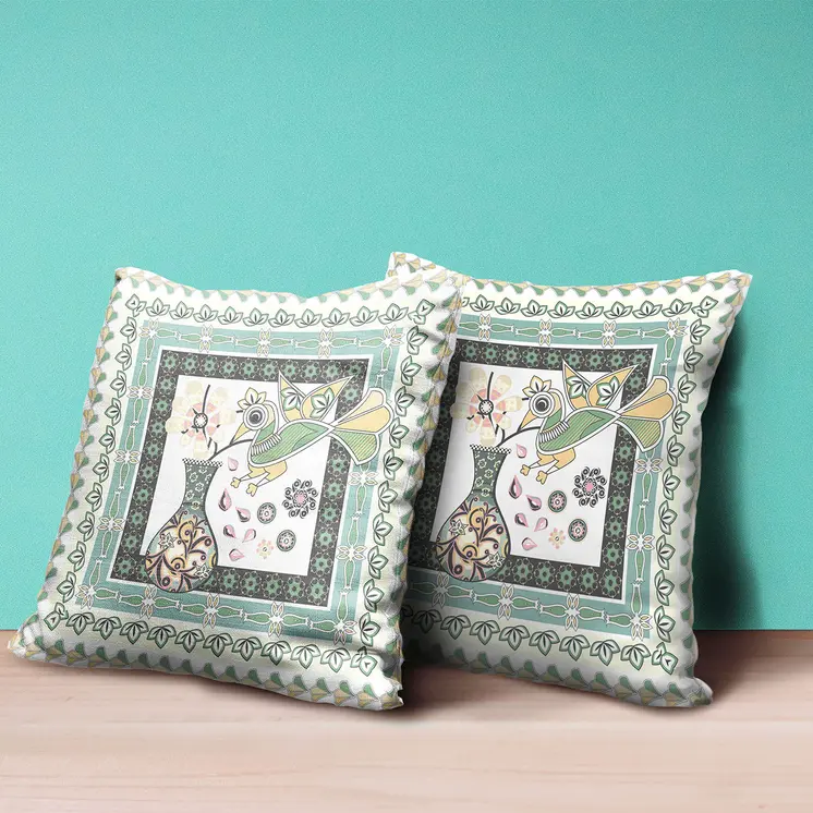 28" x 28" Green and White Bird Blown Seam Floral Indoor Outdoor Throw Pillow