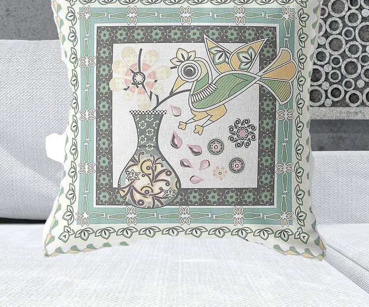 28" x 28" Green and White Bird Blown Seam Floral Indoor Outdoor Throw Pillow