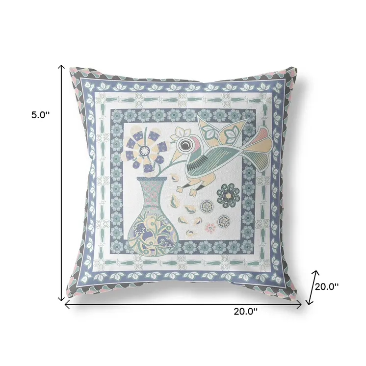 20" x 20" Blue and White Bird Blown Seam Floral Indoor Outdoor Throw Pillow