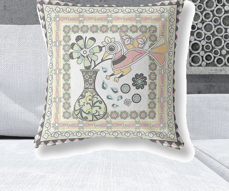 26" X 26" White And Green Bird Blown Seam Floral Indoor Outdoor Throw Pillow
