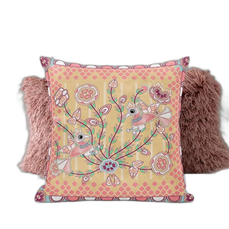 18" X 18" Muted White Bird Blown Seam Floral Indoor Outdoor Throw Pillow