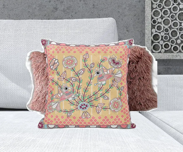 18" X 18" Muted White Bird Blown Seam Floral Indoor Outdoor Throw Pillow