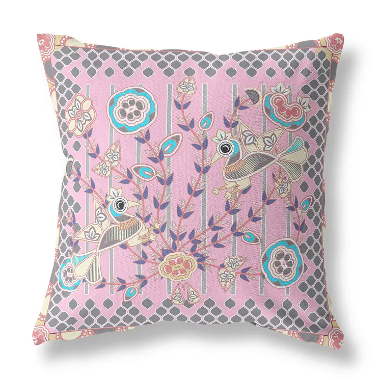 16" x 16" Pink Peacock Blown Seam Floral Indoor Outdoor Throw Pillow